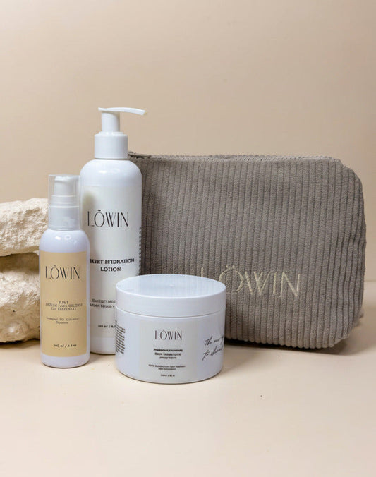 Three Löwin skincare products on a beige background.