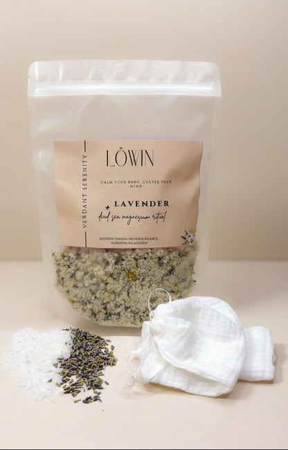 Lavender bath product with packaging on a beige background