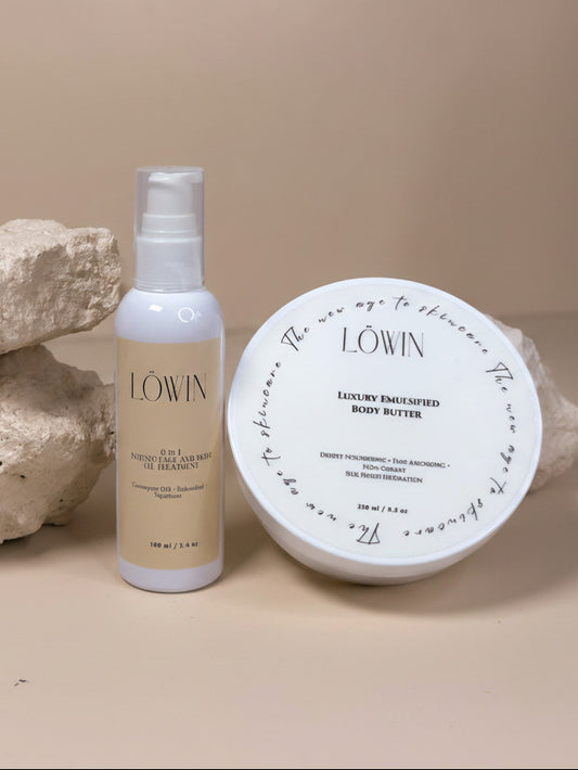 Löwin body butter and face and body oil on a beige background