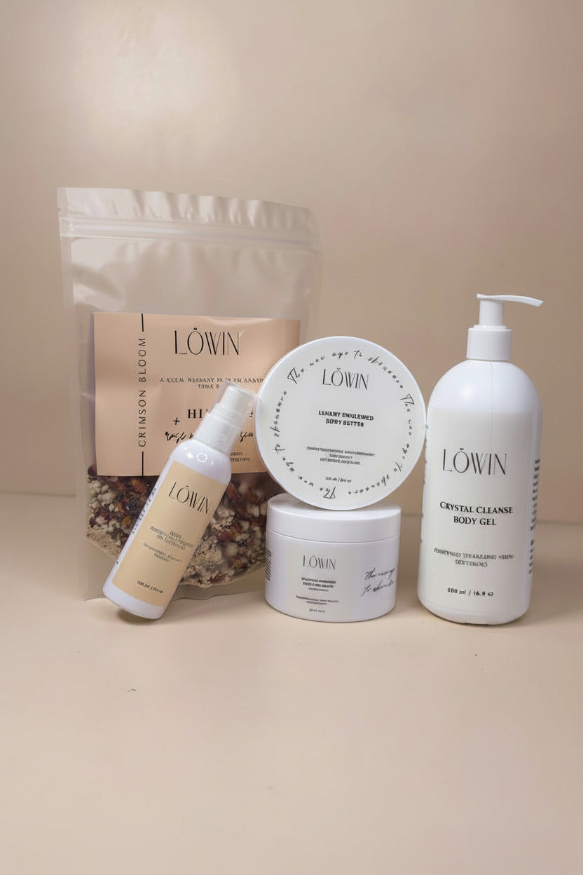 Collection of Löwin skincare products on a beige background