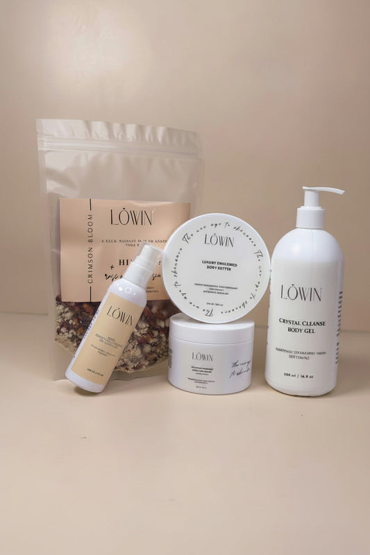 Collection of Löwin skincare products on a beige background