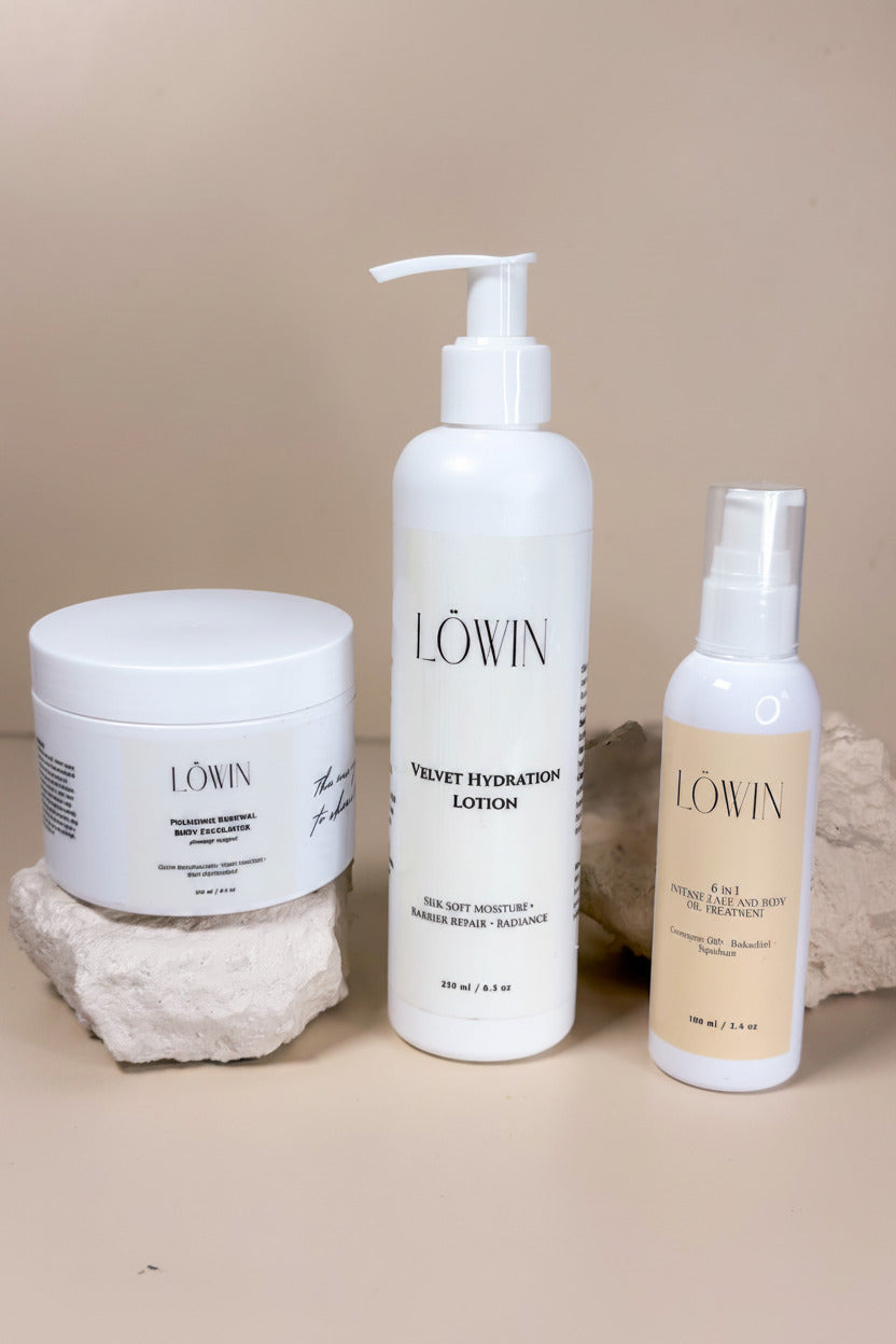 Three Löwin skincare products on a beige background