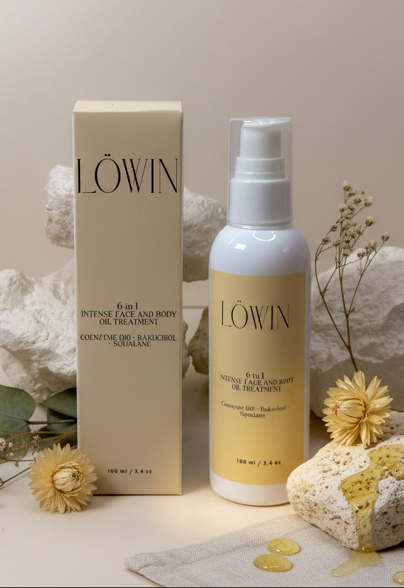 Löwin 6-in-1 Intense Face and Body Oil Treatment bottle and box on a neutral background