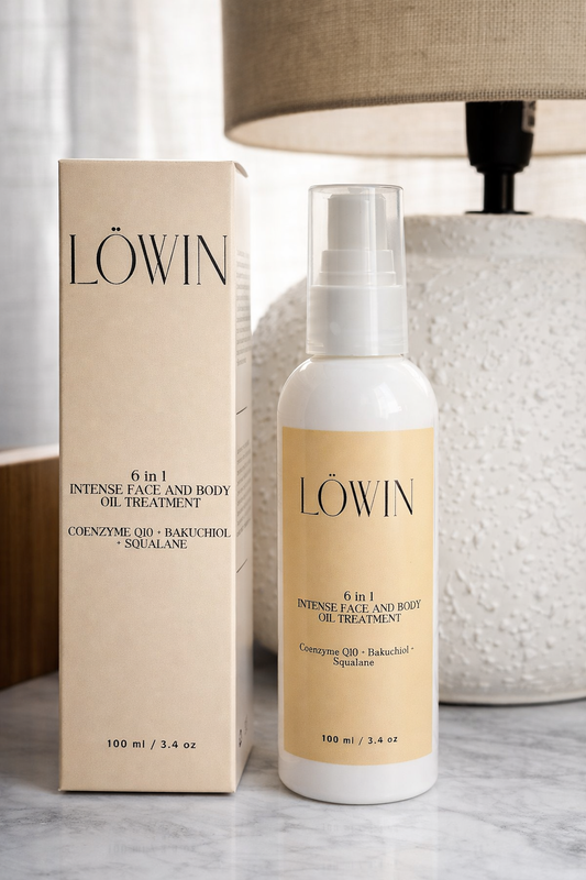 Löwin face & body oil product and packaging on a neutral background 