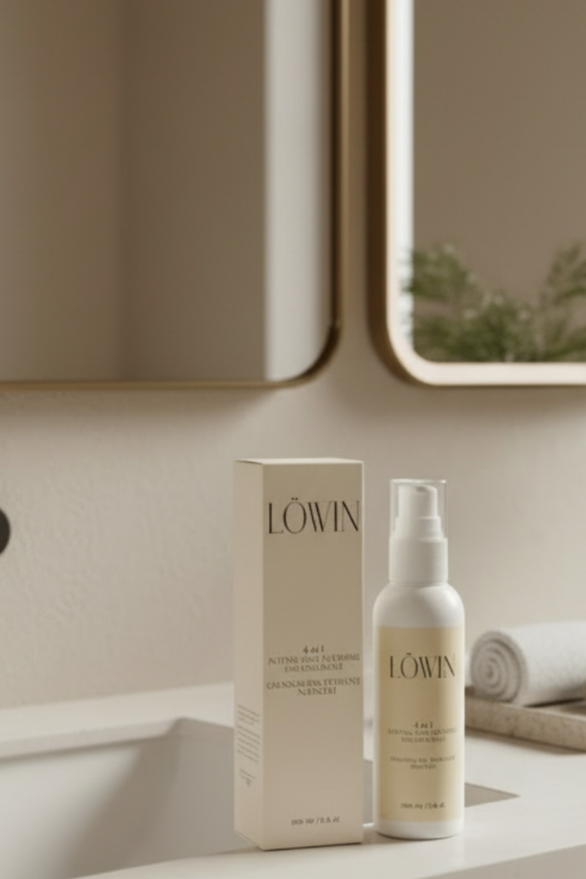 Löwin face and body oil bottle and packaging on a light background